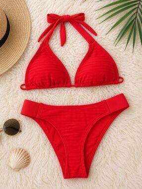 Massimo Red Ribbed Bikini Set | Size S | Halter Top